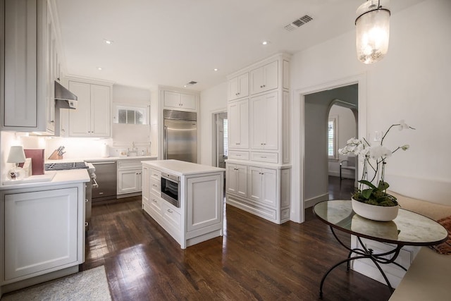 2908 Glenview Ave, Austin, TX 78703 - kitchen with appliances with stainless steel finishes, light countertops, dark wood-style flooring, white cabinets, and recessed lighting