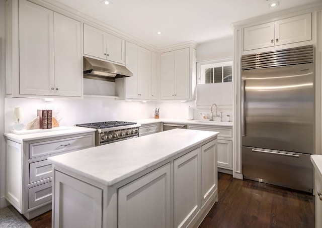 2908 Glenview Ave, Austin, TX 78703 - kitchen with appliances with stainless steel finishes, under cabinet range hood, dark wood finished floors, light countertops, and a center island