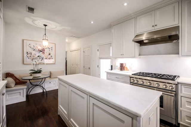 2908 Glenview Ave, Austin, TX 78703 - kitchen featuring high end range, under cabinet range hood, light countertops, a kitchen island, and white cabinets
