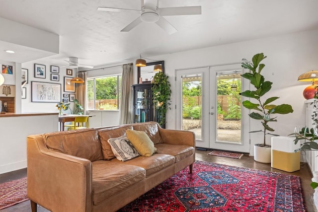 5201 Harvest Cir, Austin, TX 78745 - living room featuring a ceiling fan and french doors