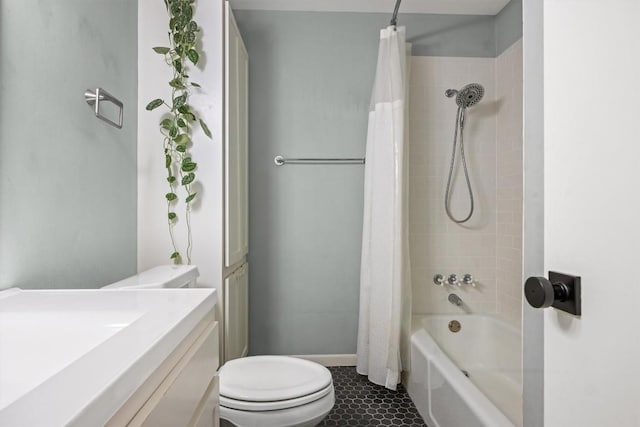 5201 Harvest Cir, Austin, TX 78745 - bathroom featuring vanity, shower / bathtub combination with curtain, and tile patterned flooring