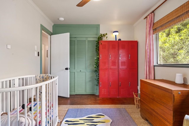 5201 Harvest Cir, Austin, TX 78745 - bedroom featuring ornamental molding and ceiling fan