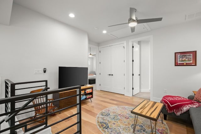 611 Gaylor St Unit 2, Austin, TX 78752 - sitting room with a ceiling fan, light wood finished floors, recessed lighting, and attic access