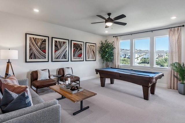 9501 Wiggy Way, Austin, TX 78744 - game room featuring pool table, ceiling fan, light carpet, and recessed lighting