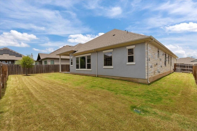 271 Eclipse Dr, Austin, TX 78737 - rear view of property with a fenced backyard, stone siding, stucco siding, and a shingled roof