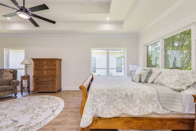 38 Cottondale Rd, The Hills, TX 78738 - bedroom featuring a raised ceiling, light wood-type flooring, ornamental molding, recessed lighting, and a ceiling fan