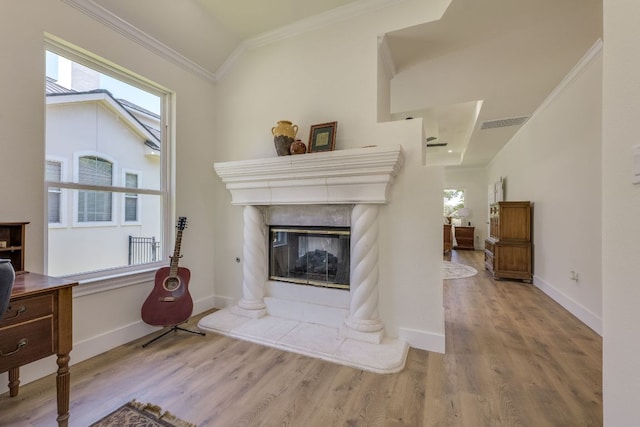 38 Cottondale Rd, The Hills, TX 78738 - living area with wood finished floors, crown molding, and a high end fireplace