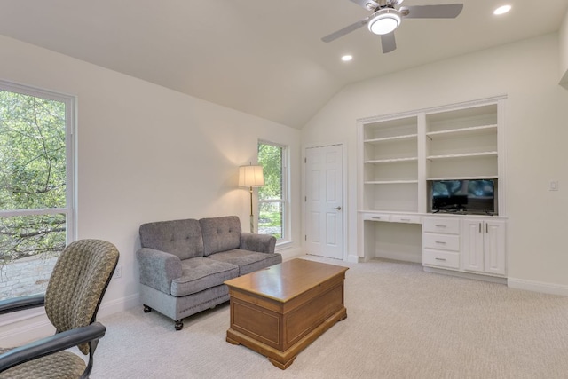 38 Cottondale Rd, The Hills, TX 78738 - living room with light carpet, ceiling fan, vaulted ceiling, recessed lighting, and an office area