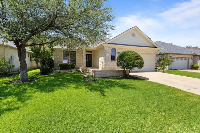 4921 Big Bend Trl, Georgetown, TX 78633 - ranch-style home with an attached garage, concrete driveway, a front lawn, and stone siding