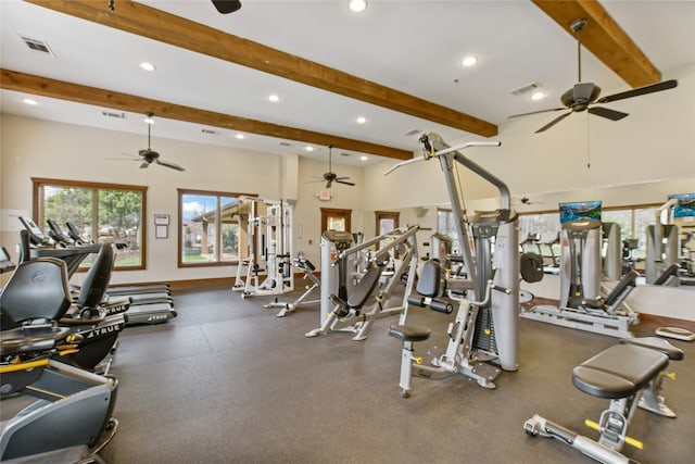 4921 Big Bend Trl, Georgetown, TX 78633 - exercise room featuring ceiling fan, recessed lighting, and beam ceiling