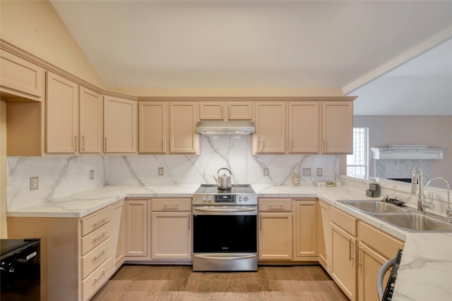 233 Thomas Dr, Martindale, TX 78655 - kitchen with stainless steel electric range, tasteful backsplash, light wood-type flooring, under cabinet range hood, and lofted ceiling