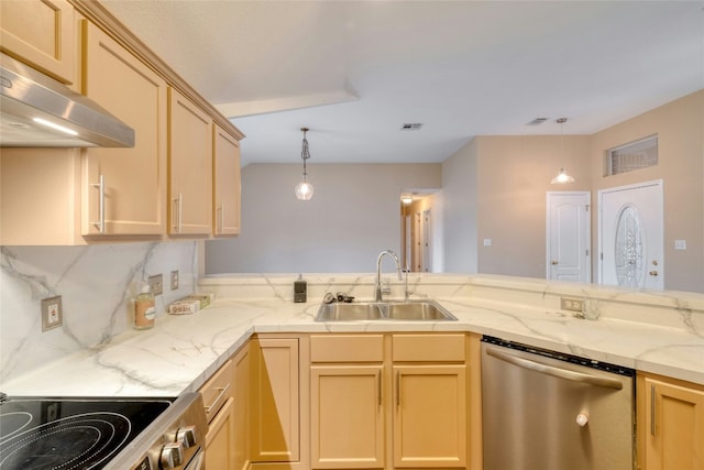 233 Thomas Dr, Martindale, TX 78655 - kitchen featuring appliances with stainless steel finishes, range hood, decorative light fixtures, light brown cabinets, and a peninsula