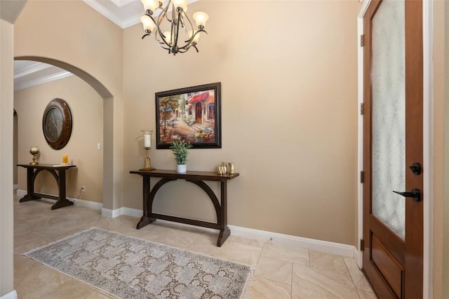 399 Whispering Wind Way, Austin, TX 78737 - foyer entrance featuring arched walkways, ornamental molding, a chandelier, and light tile patterned flooring