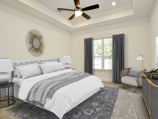 402 Zennia St, Austin, TX 78751 - carpeted bedroom with a raised ceiling, a ceiling fan, and recessed lighting