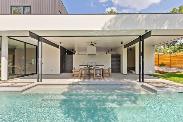 2701 Greenlee Dr, Austin, TX 78703 - swimming pool featuring a patio, ceiling fan, and outdoor dining area