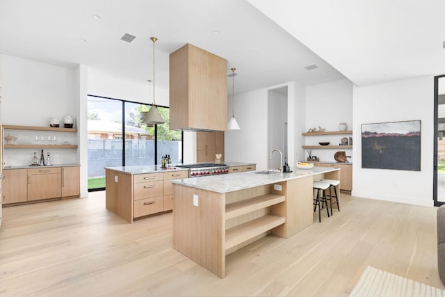 2701 Greenlee Dr, Austin, TX 78703 - kitchen with open shelves, a kitchen island with sink, light brown cabinets, light wood-type flooring, and modern cabinets