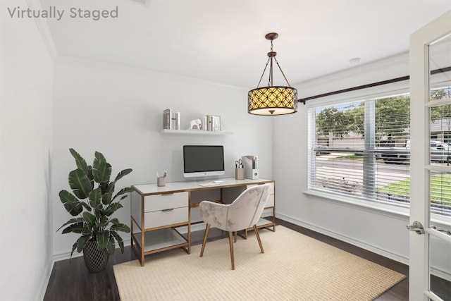 11611 Quarter Horse Trl, Austin, TX 78750 - home office featuring wood finished floors and ornamental molding