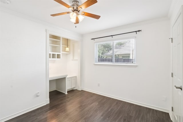 11611 Quarter Horse Trl, Austin, TX 78750 - unfurnished bedroom featuring dark wood-style flooring, ornamental molding, and ceiling fan