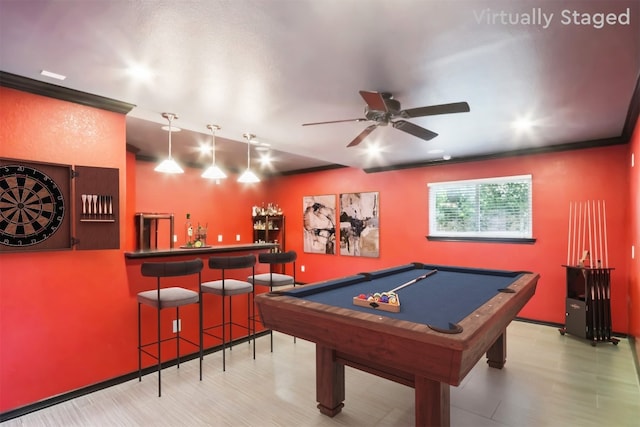 11611 Quarter Horse Trl, Austin, TX 78750 - playroom with ceiling fan, billiards table, and a dry bar