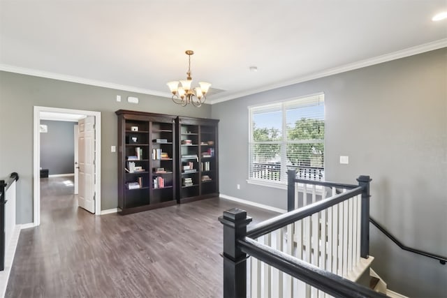 11611 Quarter Horse Trl, Austin, TX 78750 - hall with an upstairs landing, a chandelier, ornamental molding, and wood finished floors
