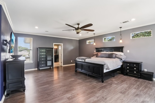 11611 Quarter Horse Trl, Austin, TX 78750 - bedroom with wood finished floors, crown molding, recessed lighting, and ceiling fan