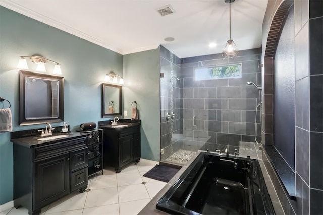 11611 Quarter Horse Trl, Austin, TX 78750 - bathroom featuring a shower stall, two vanities, ornamental molding, and tile patterned flooring
