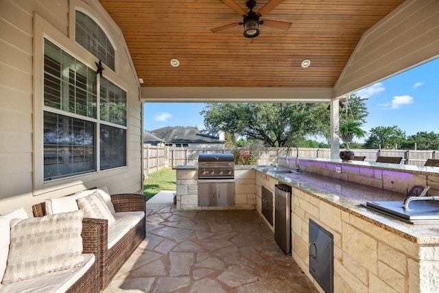 313 Polo Pony, Liberty Hill, TX 78642 - fenced backyard featuring exterior kitchen, a ceiling fan, and a patio area