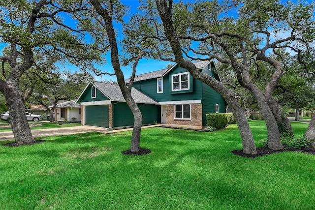 6900 Tesoro Trl, Austin, TX 78729 - traditional-style home with brick siding, a garage, a front yard, concrete driveway, and roof with shingles