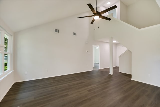 6900 Tesoro Trl, Austin, TX 78729 - unfurnished living room featuring high vaulted ceiling, ceiling fan, and dark wood-style floors