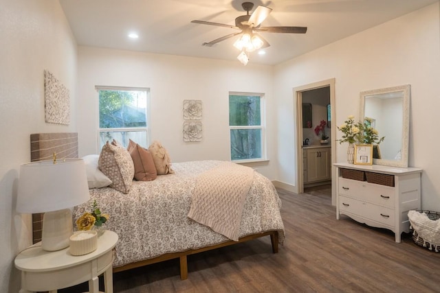 118 Kipapa Ct, Bastrop, TX 78602 - bedroom featuring wood finished floors, ensuite bathroom, recessed lighting, and a ceiling fan