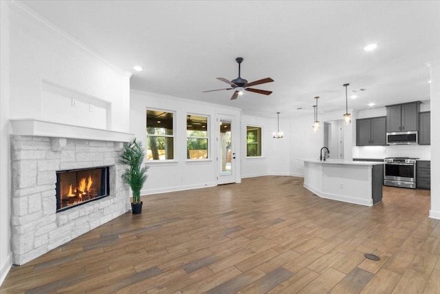 4121 Turning Leaf Dr, Nolanville, TX 76559 - unfurnished living room with a ceiling fan, a stone fireplace, crown molding, recessed lighting, and dark wood-style flooring