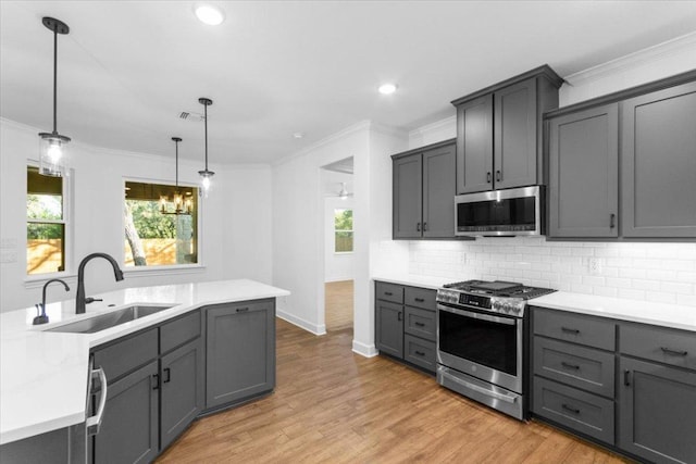 4121 Turning Leaf Dr, Nolanville, TX 76559 - kitchen with appliances with stainless steel finishes, gray cabinetry, ornamental molding, light countertops, and decorative backsplash