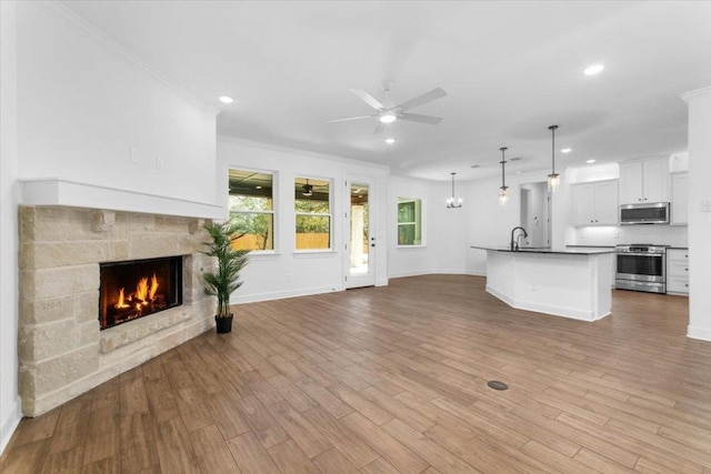 4113 Turning Leaf Dr, Nolanville, TX 76559 - unfurnished living room with ceiling fan, a fireplace, recessed lighting, ornamental molding, and wood finished floors