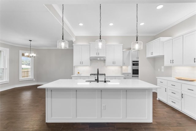7026 Troyan, Temple, TX 76502 - kitchen featuring double oven, decorative backsplash, ornamental molding, light countertops, and white cabinetry