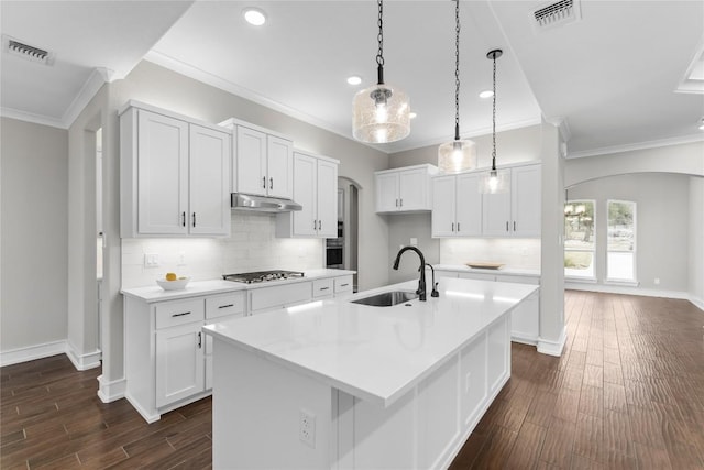 7026 Troyan, Temple, TX 76502 - kitchen with under cabinet range hood, arched walkways, dark wood-type flooring, crown molding, and recessed lighting