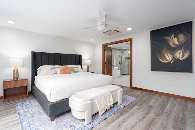 4604 Fawnwood Cv, Austin, TX 78735 - bedroom featuring light wood-style floors, ensuite bathroom, recessed lighting, and ceiling fan