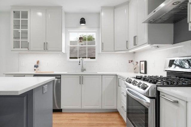 502 E 46th St, Austin, TX 78751 - kitchen with stainless steel appliances, exhaust hood, white cabinetry, and light countertops