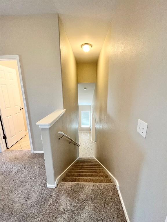139 Diamondback Cv, Buda, TX 78610 - staircase with carpet flooring and tile patterned floors