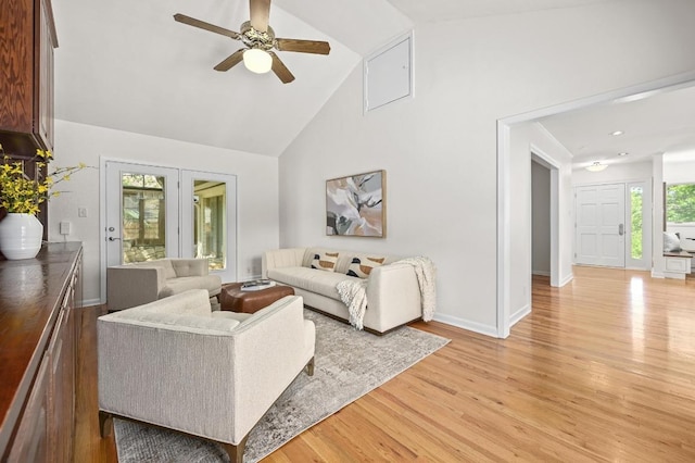 2507 Hartford Rd, Austin, TX 78703 - living room featuring ceiling fan, high vaulted ceiling, and light wood finished floors