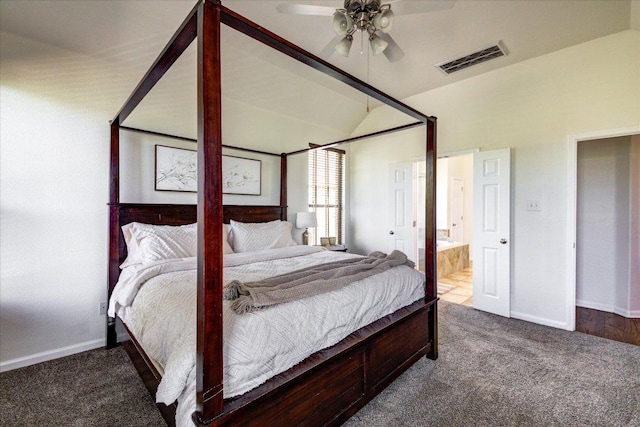 5521 Texas Bluebell Dr, Spicewood, TX 78669 - bedroom featuring carpet floors, lofted ceiling, and ensuite bath
