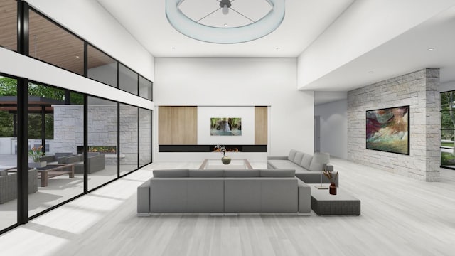 1200 Redbud Trl, West Lake Hills, TX 78746 - sunken living room with a towering ceiling and a fireplace