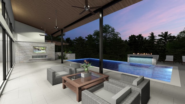 1200 Redbud Trl, West Lake Hills, TX 78746 - view of patio featuring ceiling fan, an outdoor pool, and an outdoor living space with a fireplace