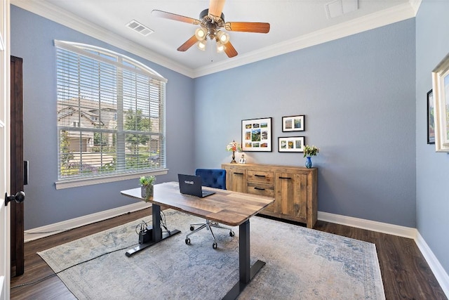 8709 Fescue Ln, Austin, TX 78738 - office featuring a ceiling fan, wood finished floors, and ornamental molding