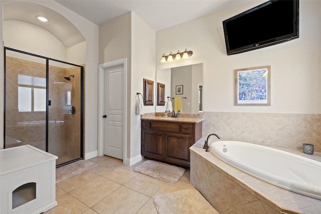 8709 Fescue Ln, Austin, TX 78738 - full bathroom with a garden tub, vanity, a shower stall, and tile patterned flooring