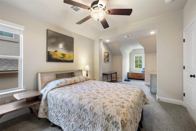8709 Fescue Ln, Austin, TX 78738 - bedroom featuring carpet, vaulted ceiling, ceiling fan, and recessed lighting