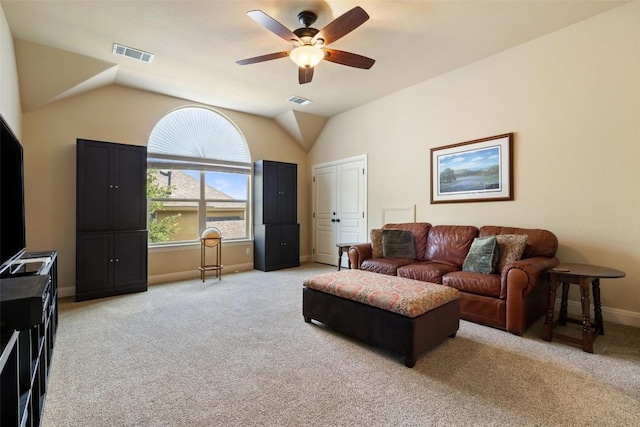8709 Fescue Ln, Austin, TX 78738 - living room with light colored carpet, ceiling fan, and lofted ceiling