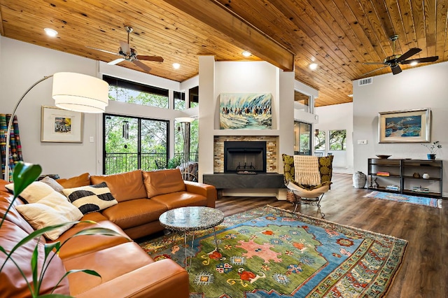 8200 Neely Dr Unit 119, Austin, TX 78759 - living area with ceiling fan, wood ceiling, a fireplace, wood finished floors, and recessed lighting