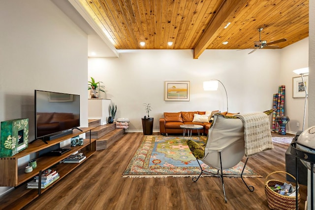 8200 Neely Dr Unit 119, Austin, TX 78759 - living area with a wood ceiling with exposed beams, wood finished floors, ceiling fan, and recessed lighting