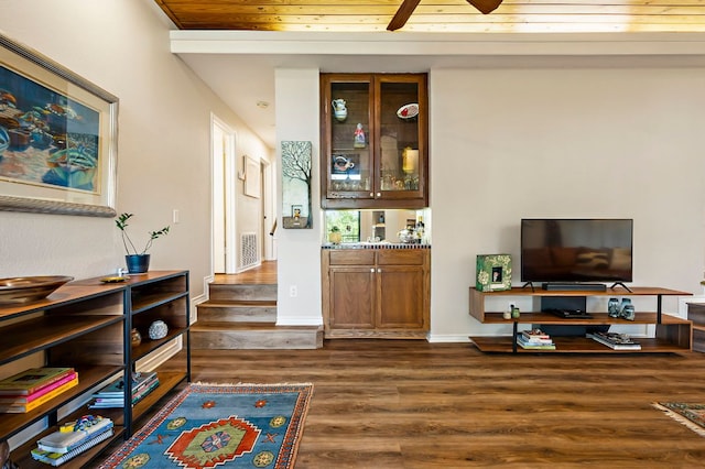 8200 Neely Dr Unit 119, Austin, TX 78759 - living room featuring dark wood-type flooring, a ceiling fan, and wood ceiling