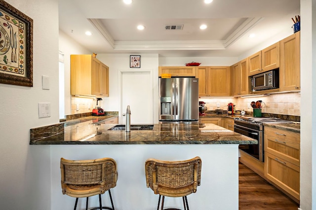 8200 Neely Dr Unit 119, Austin, TX 78759 - kitchen with stainless steel appliances, a raised ceiling, a peninsula, decorative backsplash, and recessed lighting